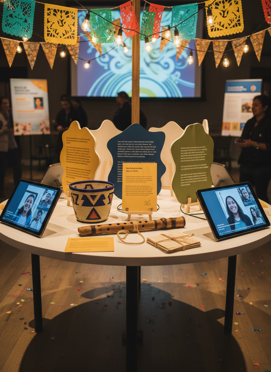 A circular display table at a community showcase event features a playful, museum-style exhibit without people: upright tablets looping muted interview screenshots, printed story excerpts mounted on colorful foam boards, and a curated arrangement of symbolic objects—an intricately beaded basket, a weathered wooden flute, a bundle of handwritten letters tied with twine. Strings of papel picado and small fabric pennants hang overhead. Warm, festive string lights cast soft pools of light and gentle shadows, giving the scene an energetic but welcoming atmosphere. Photographic realism with a wide-angle, slightly low perspective emphasizes the table as the centerpiece, while informational placards and a blurred projection screen in the background suggest a lively, intergenerational storytelling celebration.