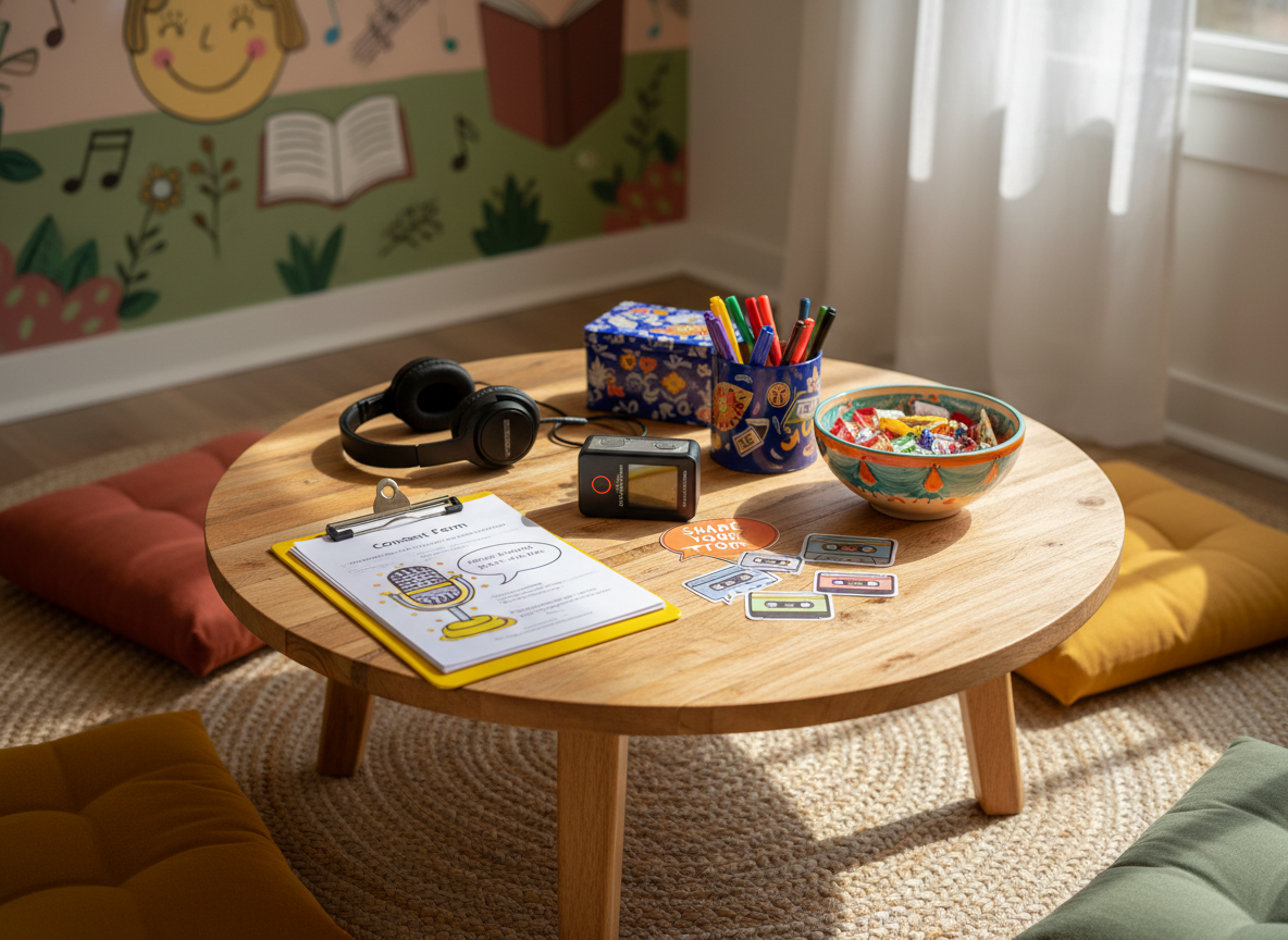 A low, circular wooden table sits on a braided jute rug, covered with a vibrant mix of objects ready for a community oral history session: a small digital recorder, over-ear headphones, a stack of blank consent forms clipped to a cheerful clipboard, and a tin box overflowing with colorful pens and highlighters. Nearby, a hand-painted ceramic bowl is filled with wrapped candies and small stickers shaped like cassette tapes and speech bubbles. Sunlight filters through sheer curtains, creating soft, dappled patterns on the rug. Photographic realism from a slightly overhead perspective emphasizes the circular layout, with shallow depth of field keeping the table in crisp focus while floor cushions and a softly blurred mural in the background add playful warmth.