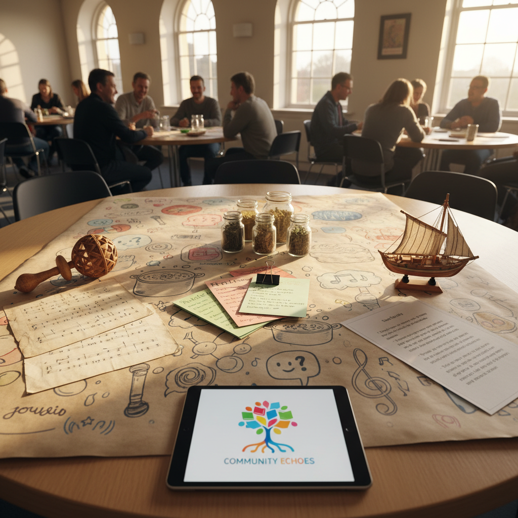 A circular table in a sunlit community room is covered with a large sheet of butcher paper doodled with colorful sketches of microphones, cooking pots, musical notes, and speech bubbles. On top rest three distinct sets of artifacts: handwritten song lyrics on aged paper weighted by a carved wooden rattle; recipe cards clipped together beside small jars of dried herbs; and printed story excerpts next to a tiny model of a traditional boat. A tablet at the center displays a vibrant logo for a digital archive. Late-morning sunlight streams through tall windows, casting clear, gentle shadows and illuminating the textures of paper and wood. Photographic realism from a slightly elevated, wide composition captures an energetic, collaborative planning session for organizing oral histories into a playful digital archive.