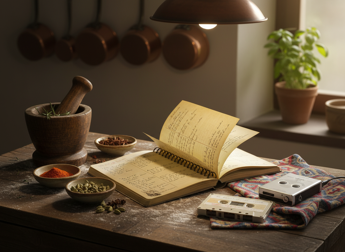 A rustic kitchen countertop of worn, dark wood holds an open, flour-dusted notebook filled with handwritten recipes in varied inks, surrounded by small bowls of spices, a wooden mortar and pestle, and a vintage cassette tape labeled with a family name and date. A digital recorder rests nearby atop a folded, brightly patterned tea towel. Warm pendant lighting from above creates gentle highlights on the spices and subtle shadows under the notebook’s curled pages. In the softly blurred background, hanging copper pots and a potted herb plant hint at generations of cooking. Photographic realism with a close, three-quarter angle creates an intimate, sensory-rich mood that celebrates the preservation of recipes and stories across time.