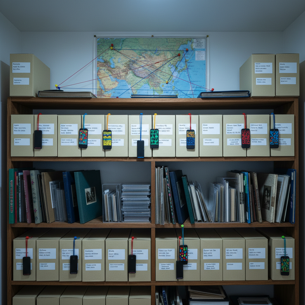 A long archival shelf in a small community archive room holds a meticulously organized collection of oral history materials: acid-free boxes labeled with handwritten community names, transparent cases of digitized tapes, fabric-bound albums, and a row of USB drives hanging from brightly colored tags. A printed color map with pinpoints and strings connects box labels to different homelands. Cool, diffused ceiling lighting creates even, documentary-style illumination with faint shadows under each box. Photographic realism with a straight-on, eye-level shot and strong leading lines down the shelf conveys a sense of care, continuity, and playful visual coding in the preservation of immigrant, refugee, and Indigenous stories.