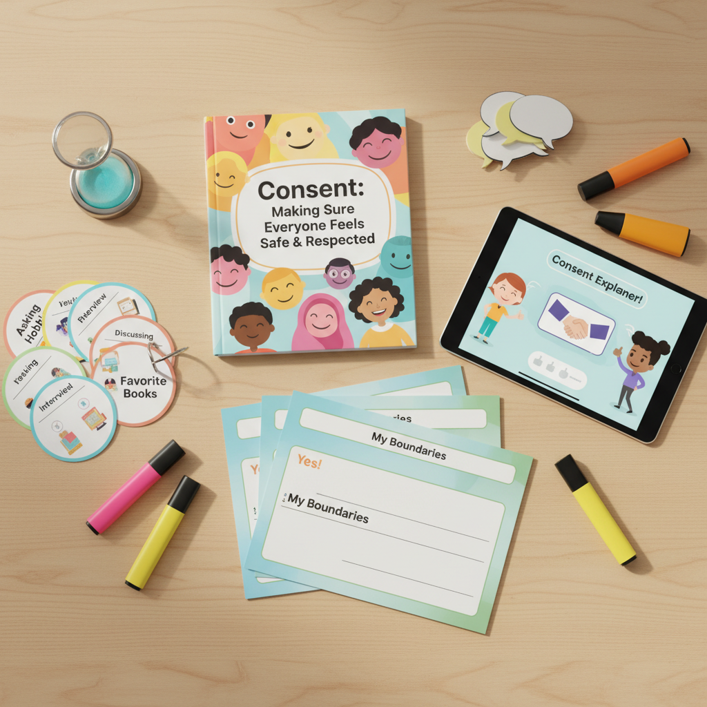 A clean, bright classroom table displays a complete student interviewing toolkit: a colorful printed guidebook open to a page about consent, a neatly stacked pile of consent forms with bold, friendly headings, a tablet showing a playful consent explainer graphic, and a set of laminated role-play scenario cards held together with a metal ring. Highlighters, sticky notes shaped like speech bubbles, and an hourglass timer filled with turquoise sand add visual energy. Soft overhead daylight from skylights mixes with gentle fluorescent lighting, creating even illumination with minimal shadows. Photographic realism from a top-down perspective emphasizes organization and clarity, conveying a mood of empowered, well-prepared youth interviewers in a supportive learning environment.