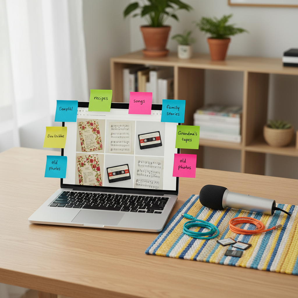 An open laptop on a smooth birch desk displays a colorful digital archive interface featuring thumbnail images of recipe cards, cassette tapes, and hand-drawn song sheets. Beside the laptop, a portable microphone, coiled fabric-wrapped cables, and a small stack of labeled SD cards rest on a bright woven placemat. Sticky notes in vivid colors form a loose halo around the computer, each bearing handwritten tags like “recipes,” “songs,” and “family stories.” Soft, diffused daylight from a nearby window reflects gently off the laptop screen, while the background fades into a subtle bokeh of cozy office shelves. Photographic realism with a slightly elevated angle and clean, modern composition conveys an organized yet playful workspace dedicated to preserving oral histories.