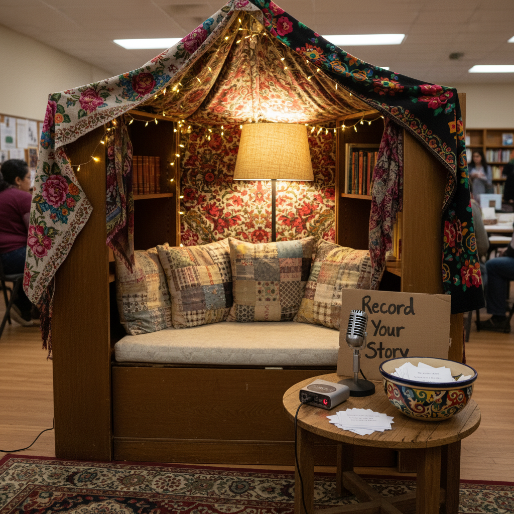A cozy corner of a community center holds a small “story booth” constructed from repurposed bookcases draped with patterned textiles and fairy lights. Inside, a cushioned bench is empty, but a microphone on a low stand, a small digital recorder, and a handwritten sign reading “Record Your Story” rest on a low side table. A stack of blank story prompt cards sits in a ceramic bowl painted with bright, folkloric motifs. Warm, diffused lamplight and twinkling string lights create a gentle, storytime glow, with soft shadows in the corners. Photographic realism with eye-level composition and moderate depth of field captures the booth as a welcoming, playful invitation to share oral histories.