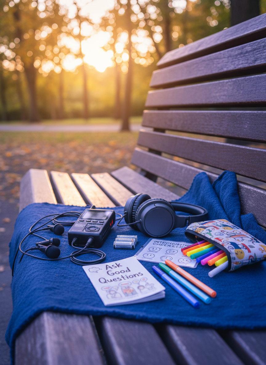 A portable field recording kit is neatly arranged on a textured indigo cloth spread over a park bench: a compact digital recorder, two clip-on lavalier microphones, a foldable over-ear headset, fresh batteries, and a small laminated interviewing checklist with colorful icons. Beside the gear lies a fabric pencil case spilling out bright markers and a tiny zine titled “Ask Good Questions” with hand-drawn illustrations. Early evening light filters through surrounding trees, creating a soft, leafy bokeh in the background and a gentle, cool-toned glow across the equipment. Photographic realism from a slightly elevated angle emphasizes readiness and care, blending professional organization with a playful, youth-friendly aesthetic for capturing outdoor oral histories.